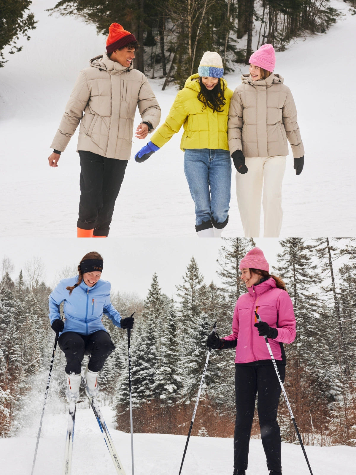 Double image avec en haut trois personnes dans un paysage hivernal portant des doudounes courtes fosfo et en bas deux femmes faisant du ski de fond et portant des manteaux et pantalons de ski de fond et course hivernale FOSFO?