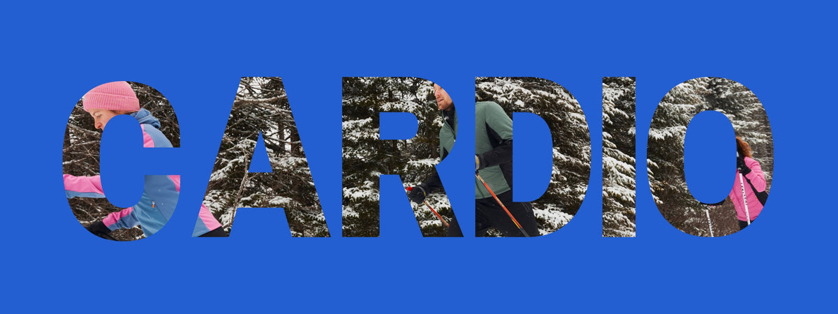 Visuel Cardio sur fond bleu et skieurs de fond en incrustation. 