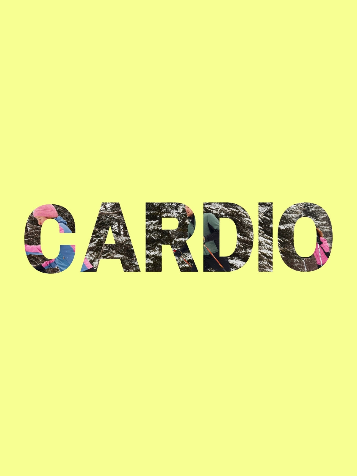 Mot "CARDIO" sur fond jaune pâle avec des skieurs en incrustation.