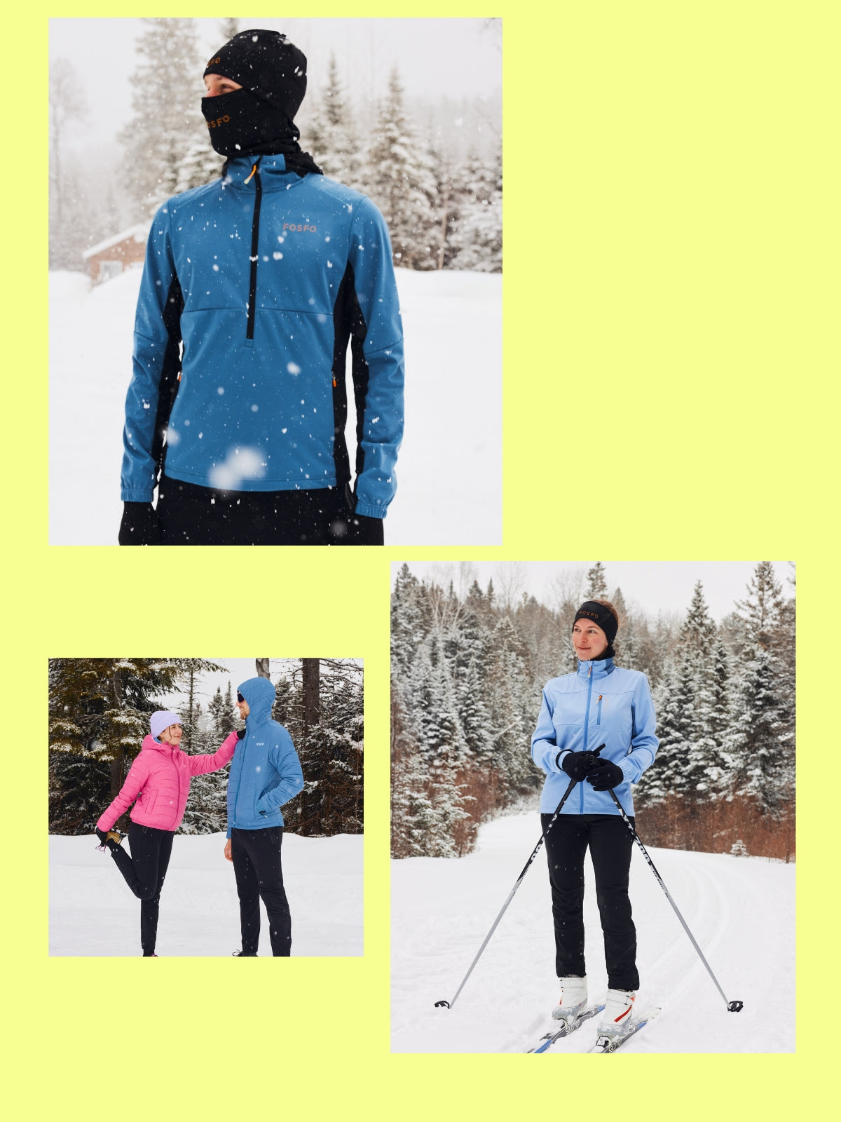 Montage de plusieurs photos de skieurs de fond portant des vêtements de ski de fond FOSFO sur fond jaune clair. 
