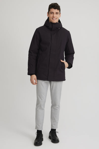 Manteau noir court pour homme. Fabriqué au Québec. Manteau vegan pour homme. 