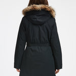 Manteau d'hiver noir mi-long pour femme. Manteau respirant, coupe-vent et imperméable.